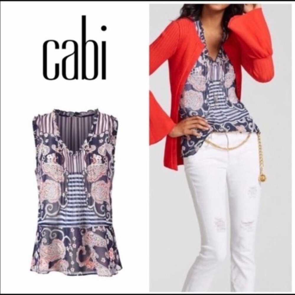 CAbi #5349 Peplum Ruffle Floral Semi-Sheer Sleeveless Blouse Size XS